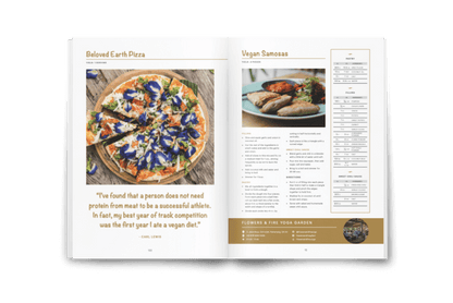 Inside Bali Vegan Book showing a pizza recipe and a vegan samosa recipe from Flowers and Fire.  Bali Vegan Guide. Easy vegan recipes.