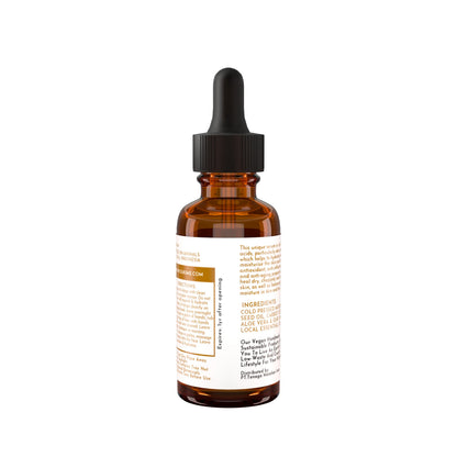 The back label of Sukime's Radiantly Alive Oil, a  natural face oil for dry skin, scalp and hair oil. 
